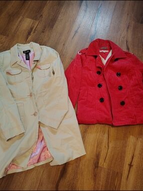 Tommy Hilfiger Red Corduroy Women's Peacoat Denim &Co Trench Coat S M